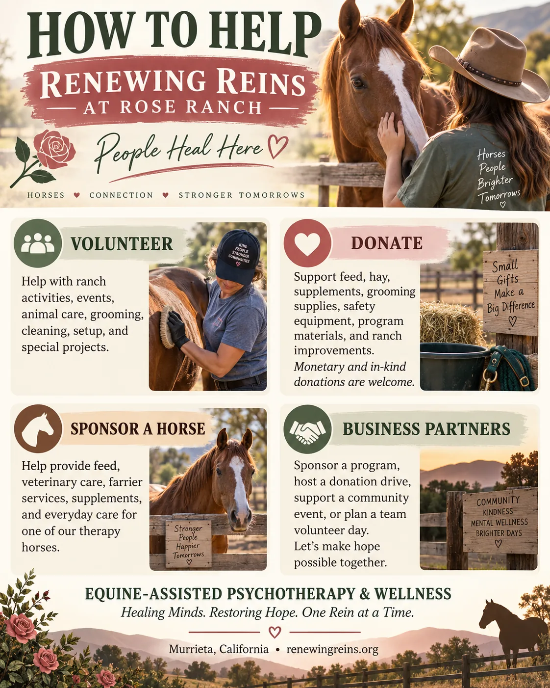 How to help Renewing Reins at Rose Ranch flyer — click to enlarge